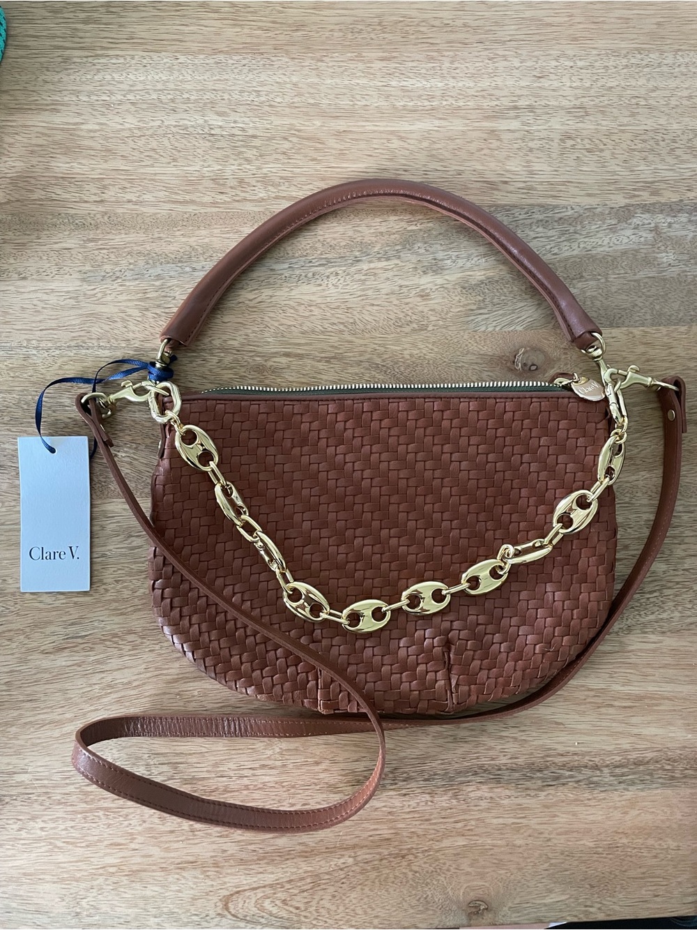 Clare V. Petit Moyen Messenger in Hazlenut Zigzag with an added Gold Strap